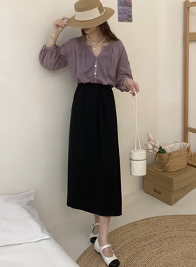 黑色高腰a字半身裙女小个子港味复古chic裙百褶温柔设计师品牌裙