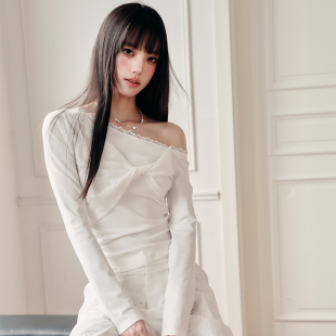 打底衫 一字肩拼接蕾丝扭结长袖 易碎商店·白迹风轨 T恤 现货