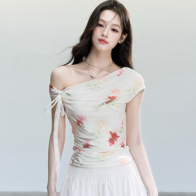 fragileheart易碎商店·夏日花信 纯欲印花网纱斜肩T恤设计感上衣