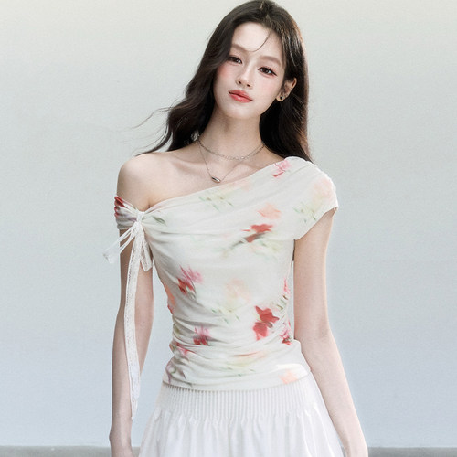FragileHeart印花绑带斜肩上衣女