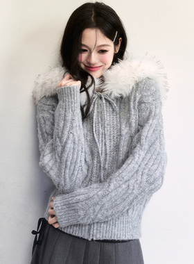 【现货】易碎商店 高克重马海毛绞花针织毛衣大毛领连帽韩系外套