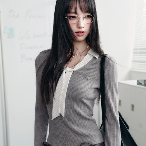 【现货】易碎商店·美式复古设计感针织衫假两件长袖内搭上衣早春