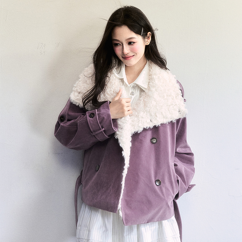 FragileHeart紫色麂皮翻领短外套