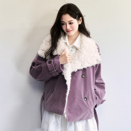 FragileHeart紫色麂皮翻领短外套