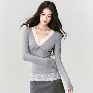 易碎商店·蕾丝拼接V领打底衫 内搭针织通勤修身 收腰上衣 现货