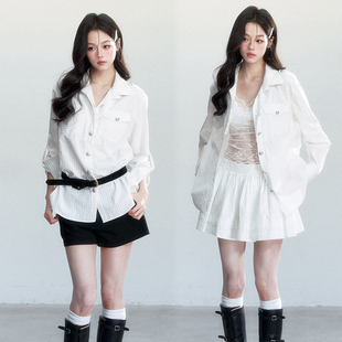 【2/24new】易碎商店·巴黎断章 智性优雅感简约条纹衬衫两件套春