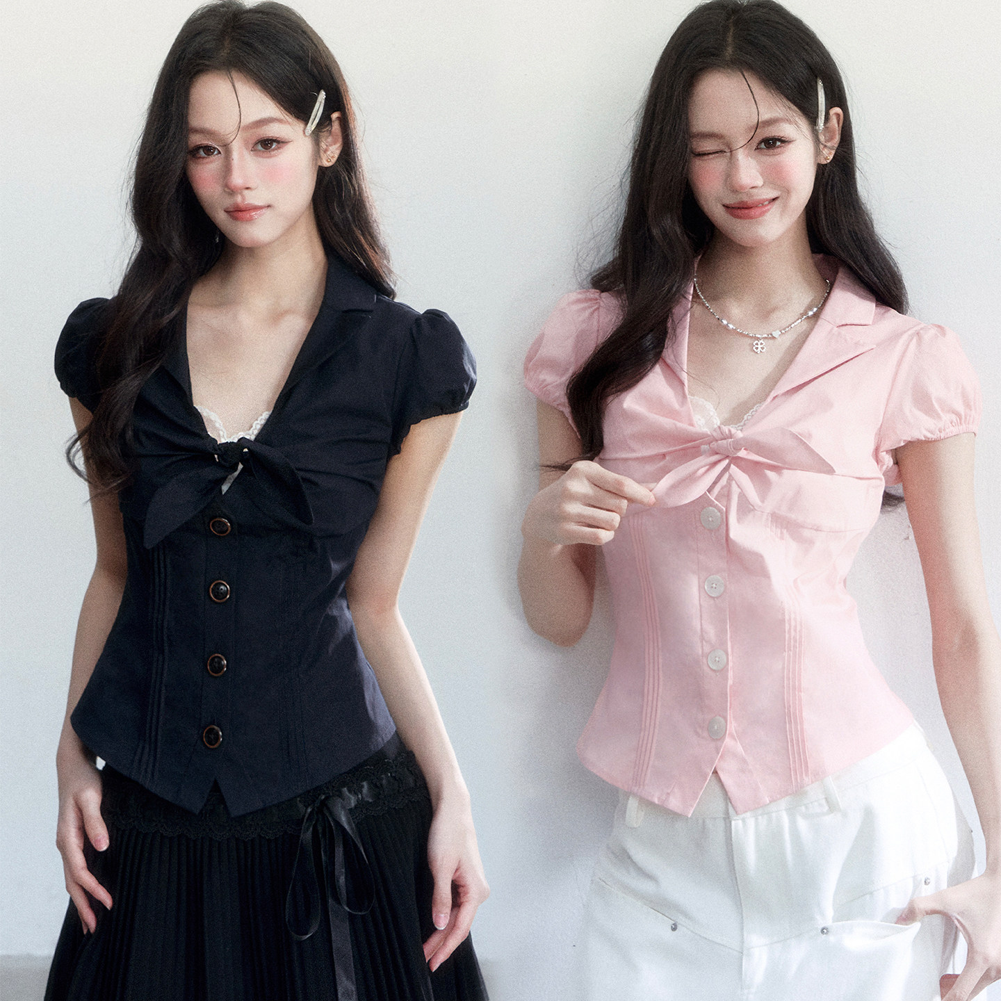 fragileheart易碎商店&middot;肌理感镂空小心机绑带衬衫修身短袖上衣春