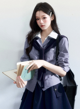 【2/24new】易碎商店·优等生 智性学院风格纹翻领长袖通勤风衬衫