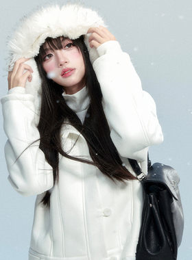 【现货】易碎商店·墨云拥粉 皮毛一体麂皮短款上衣毛领厚款外套