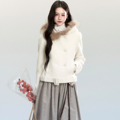 【现货】易碎商店·羽雪轻喃 米色连帽毛领短款大衣修身呢子外套