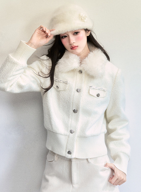 【现货】易碎商店·月光捕手 复古千金圈圈呢短款夹克毛领厚外套