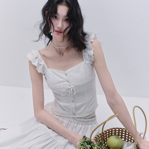 【现货】易碎商店·甜美绑带小飞袖吊带上衣半裙夏日穿搭两件套装