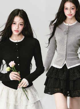 【现货】易碎商店·奥法庄园手工花朵针织假两件圆领开衫上衣外套