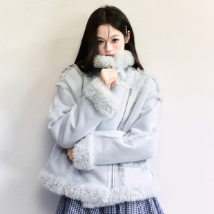 上衣 易碎商店·蓝格刻度薄荷蓝毛绒拼接皮草外套立领短款 现货
