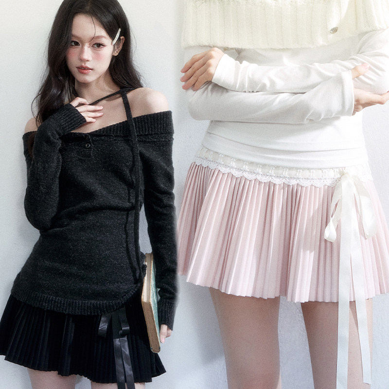 【现货】易碎商店&middot;暗河蜜语风琴褶蕾丝蝴蝶结飘带半身裙韩系短裙