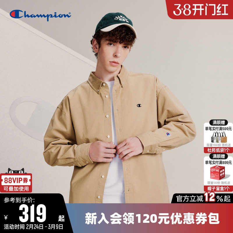 Champion冠军衬衫男春季情侣纯色刺绣小C logo翻领纯棉长袖上衣女