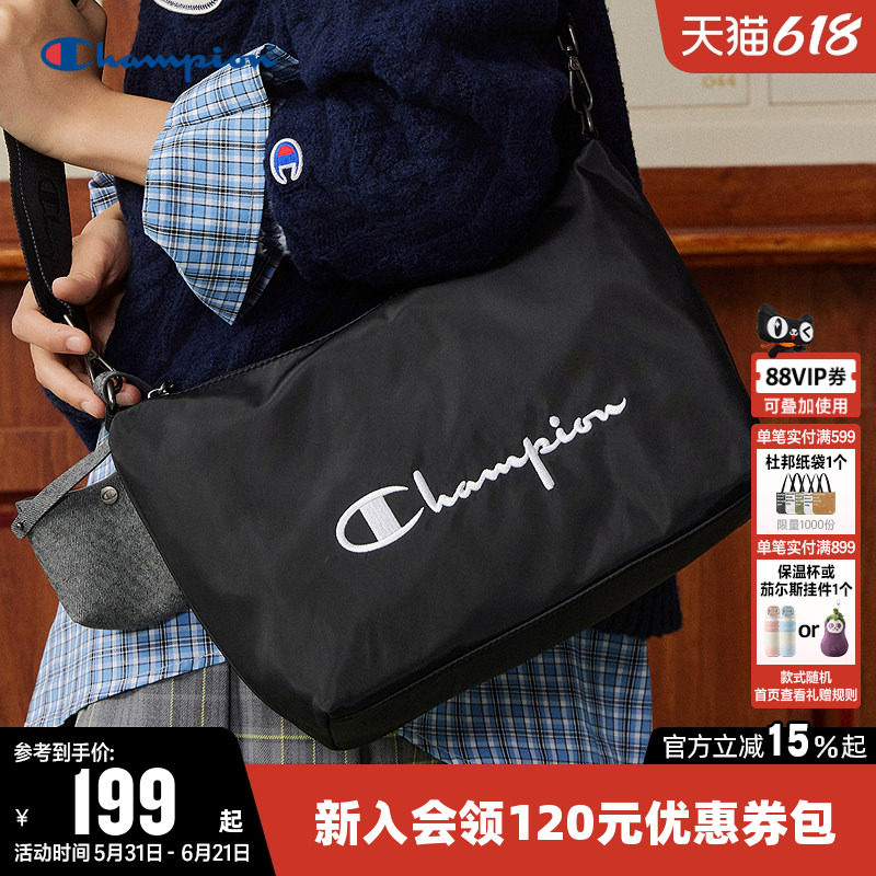 Champion冠军单肩包2026新款男女时尚刺绣饼干包斜挎包通勤背包黑