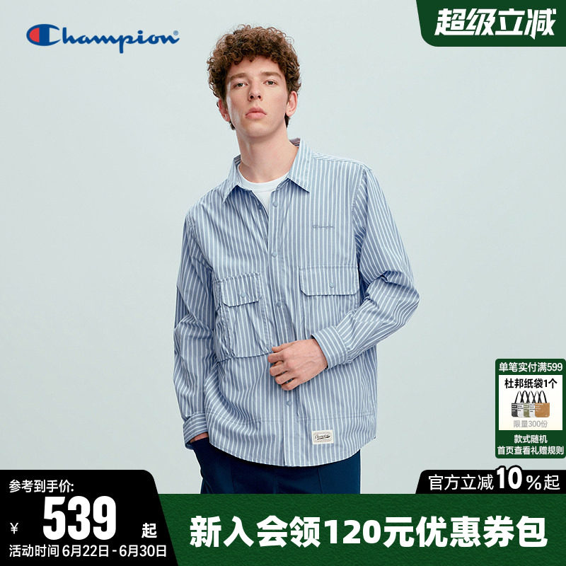 Champion冠军衬衫男2026春季新款多口袋条纹休闲运动翻领长袖上衣