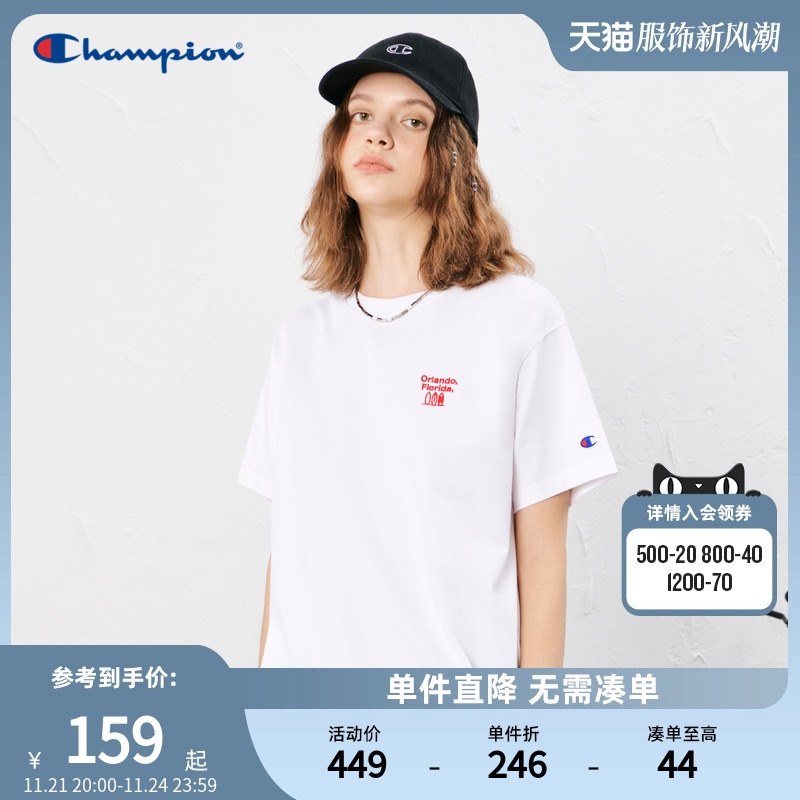 Champion冠军运动T恤2023新款夏季趣味刺绣LOGO休闲短袖纯棉T恤女