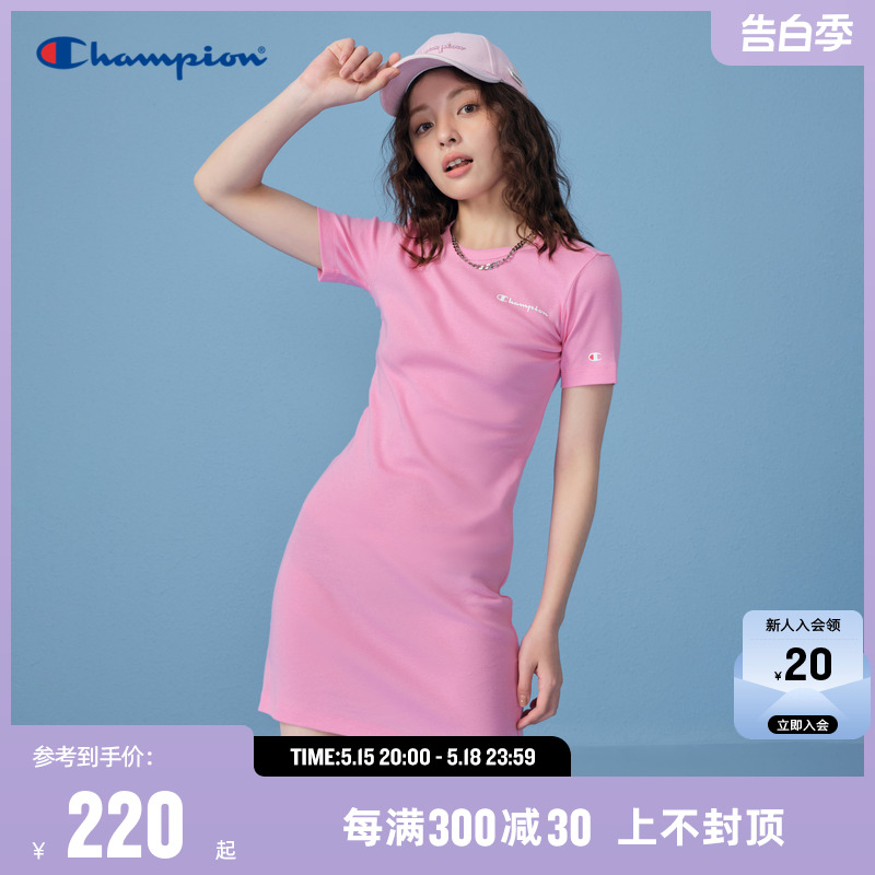 Champion冠军连衣裙女2024夏季新款草写logo印花长裙短袖休闲裙子 运动服/休闲服装 运动连衣裙 原图主图