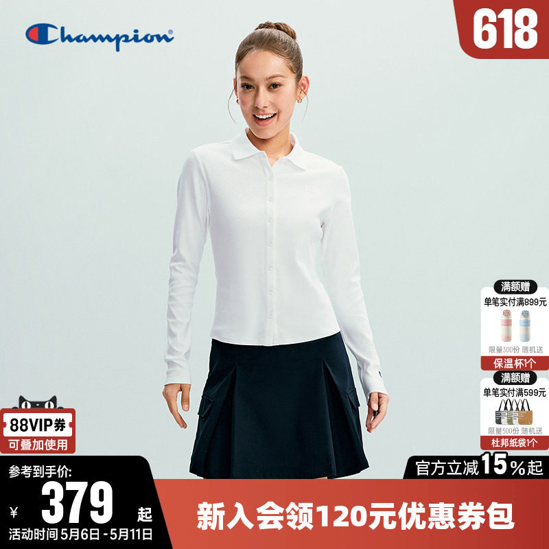 Champion冠军衬衫女2026春季新款纯色修身长袖POLO衫翻领休闲上衣