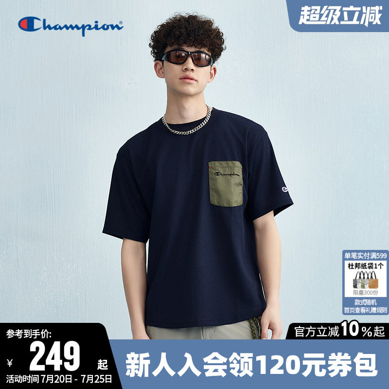 Champion冠军T恤男夏季复古拼接口袋圆领休闲运动宽松短袖上衣女