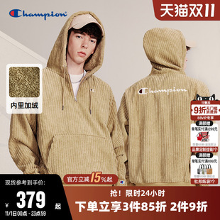 Champion冠军卫衣女冬季 情侣灯芯绒半拉链加绒休闲运动连帽上衣男