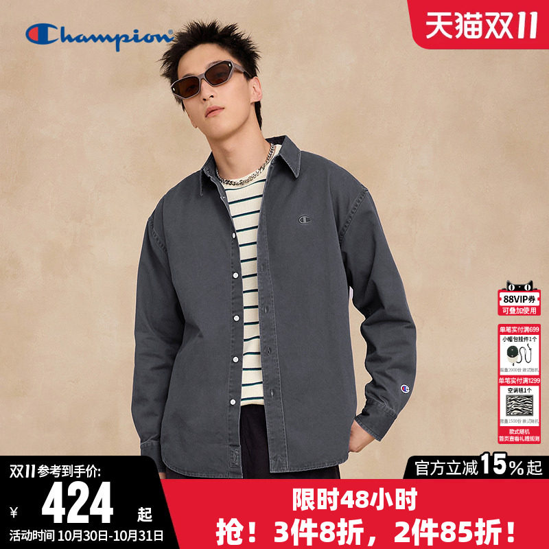 Champion冠军衬衫男秋季纯棉做旧工装风日系休闲斜纹翻领长袖上衣