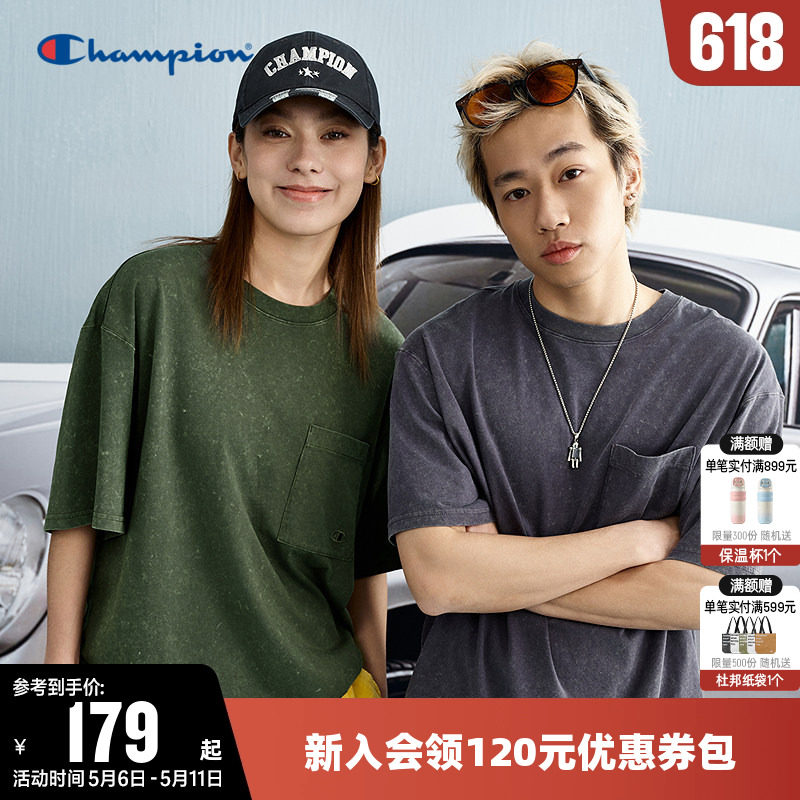 Champion冠军T恤男2025夏季新款做旧纯色复古圆领运动短袖上衣女