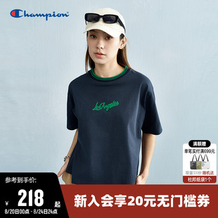 Champion冠军T恤女25夏季 上衣 新款 拼接撞色纯棉宽松圆领运动短袖