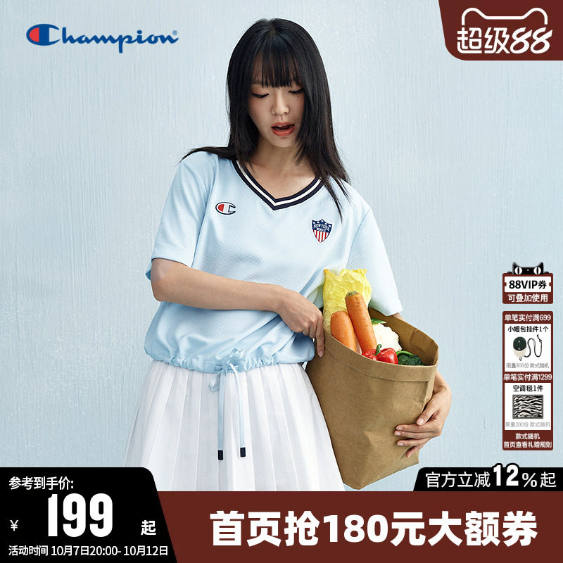 Champion冠军短款T恤女夏季美式校园复古V领系带休闲运动短袖上衣