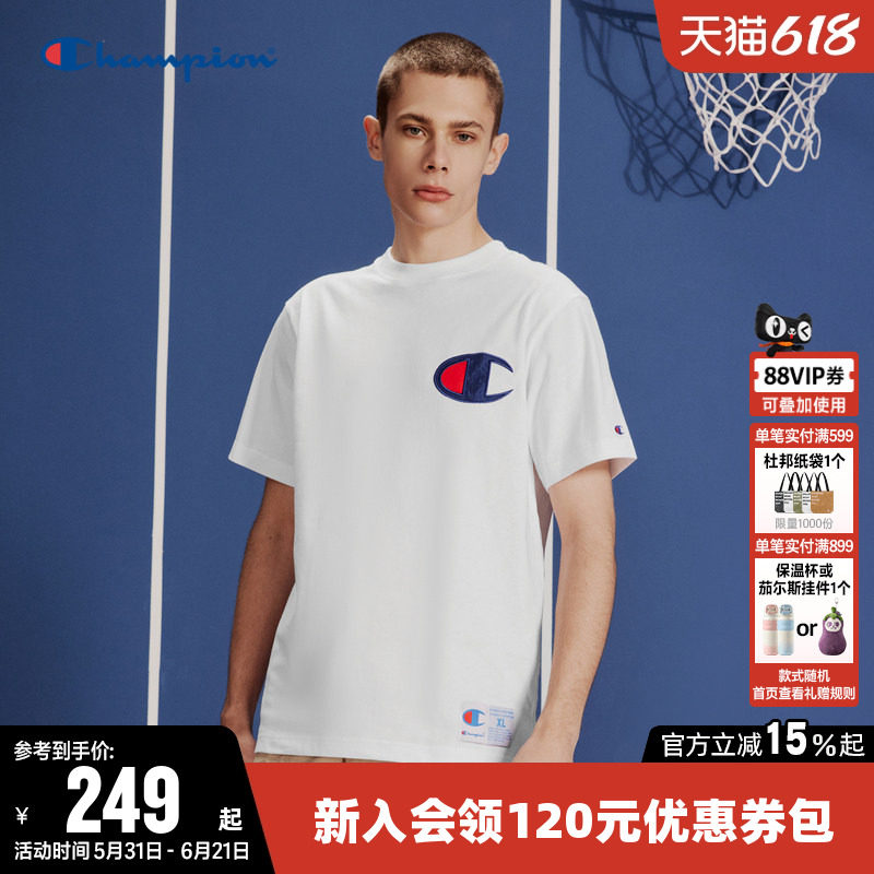 Champion冠军T恤女夏季刺绣大C纯棉情侣休闲圆领运动短袖上衣男潮