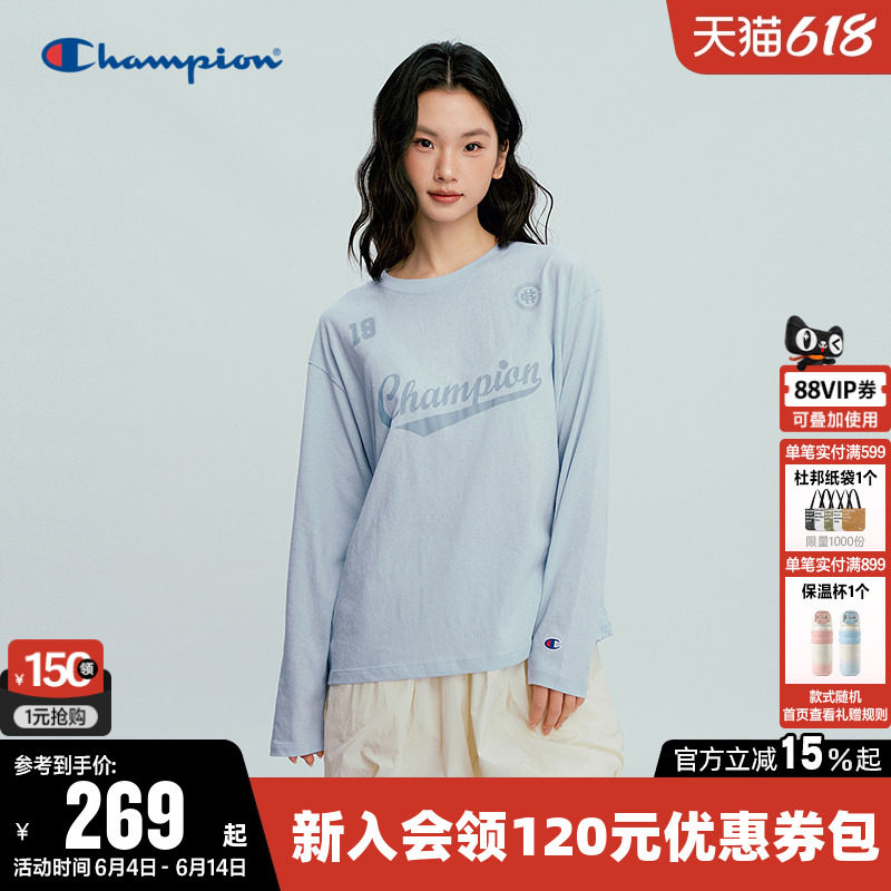 Champion冠军T恤女26春季新款印花草写logo休闲宽松长袖圆领上衣