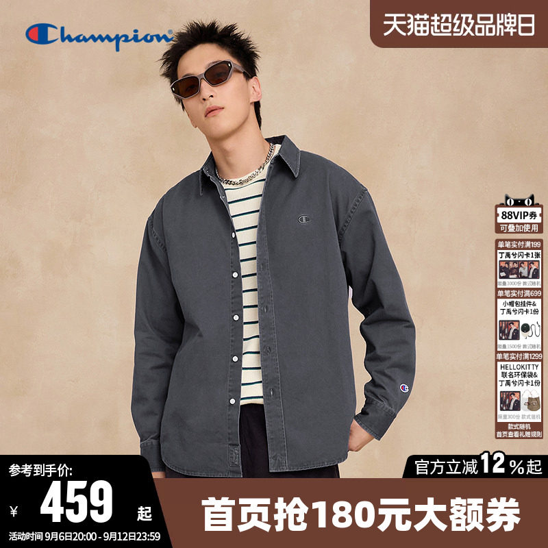 Champion冠军衬衫男秋季纯棉做旧工装风日系休闲斜纹翻领长袖上衣