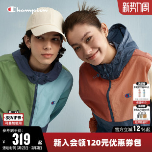 Champion冠军夹克女春季 情侣撞色拉链休闲户外连帽套头轻薄外套男