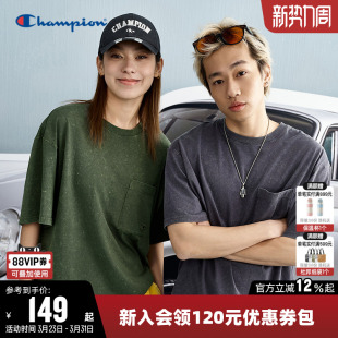 Champion冠军T恤女春季 上衣男 情侣纯棉做旧纯色复古圆领运动短袖