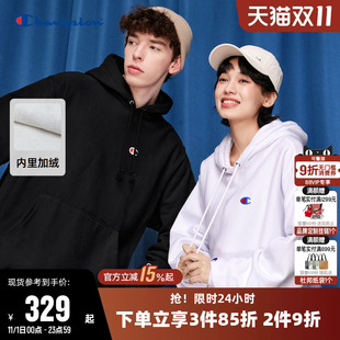 Champion冠军卫衣女冬季 情侣刺绣logo加绒纯色连帽休闲宽松上衣男