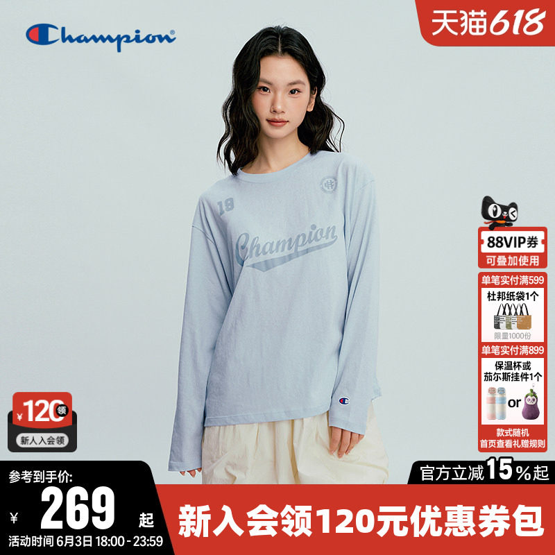 Champion冠军T恤女26春季新款印花草写logo休闲宽松长袖圆领上衣