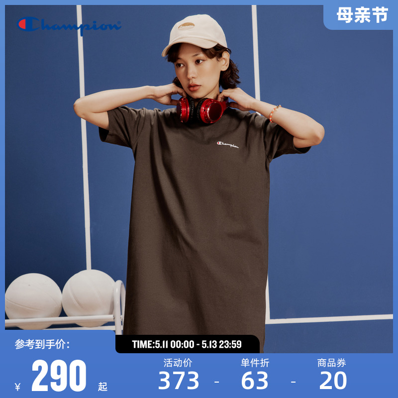 Champion冠军连衣裙女2024夏季新款刺绣草写logo长裙短袖休闲