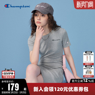 Champion冠军连衣裙女春季 圆领休闲裙子 草写logo印花包臀长裙短袖