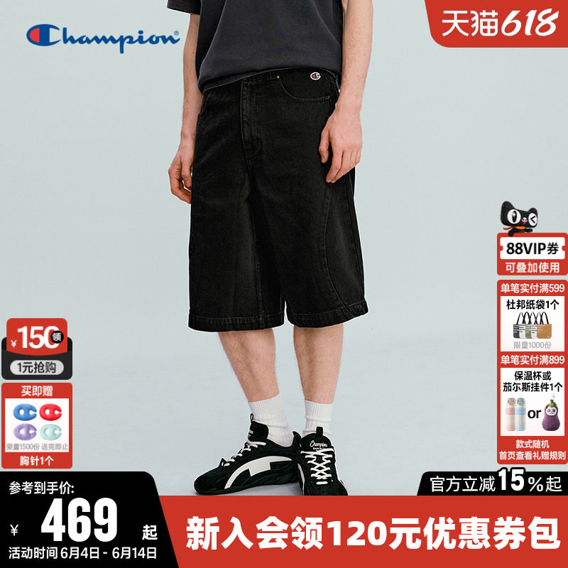 Champion冠军短裤男2026夏季新款纯棉牛仔中裤休闲梭织宽松裤子女