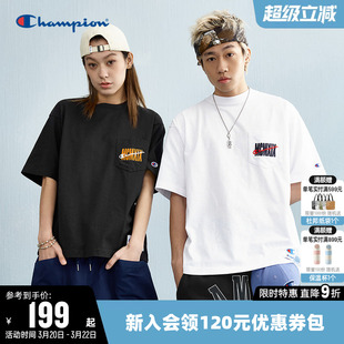 Champion冠军T恤女春季情侣口袋刺绣logo纯棉休闲圆领短袖上衣男