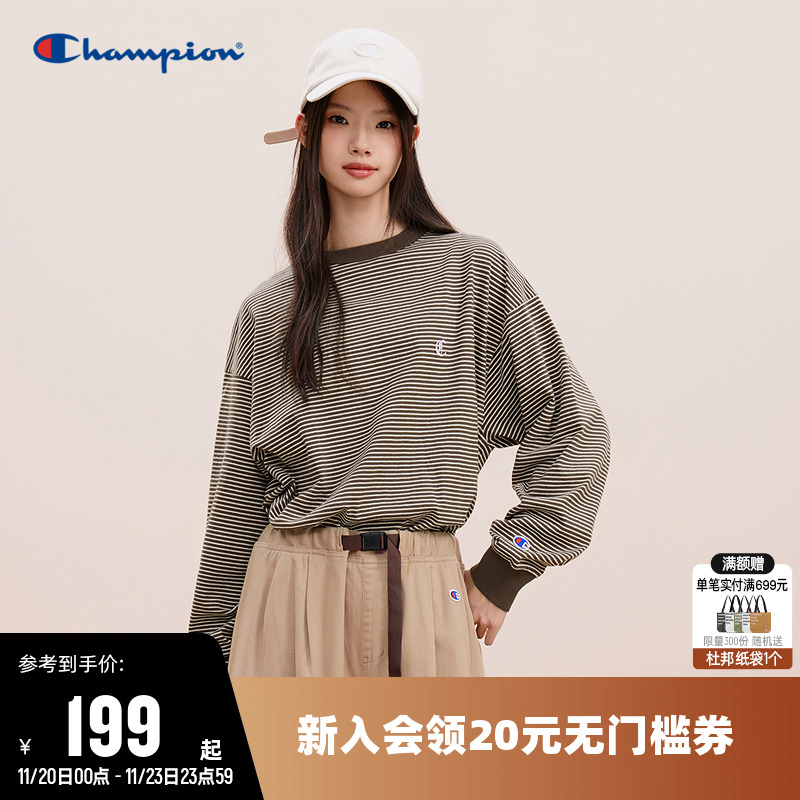 Champion冠军长袖T恤男25秋季新款条纹圆领纯棉运动打底衫上衣女