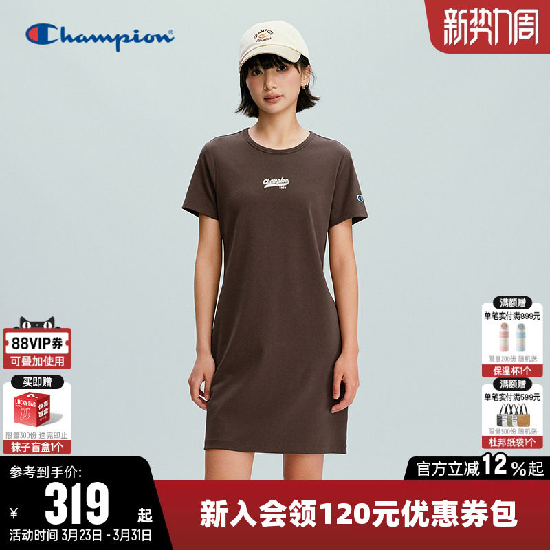 Champion冠军连衣裙女2026春季新款纯色针织直筒裙休闲圆领裙子潮