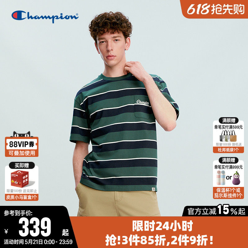 Champion冠军T恤男2026夏季新款纯棉撞色条纹圆领宽松短袖上衣潮