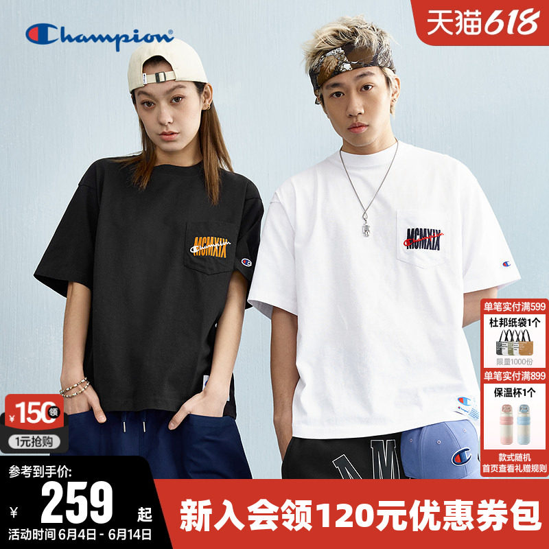 Champion冠军T恤女夏季情侣口袋刺绣logo纯棉休闲圆领短袖上衣男