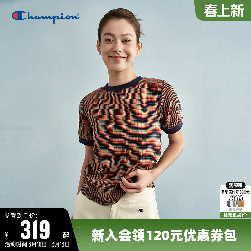 Champion冠军T恤女春季潮流拼色华夫格针织修身圆领休闲短袖上衣