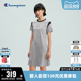 Champion冠军连衣裙女2026春季新款针织直筒裙休闲短袖圆领裙子潮