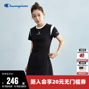 裙子 撞色刺绣长裙圆领休闲短袖 Champion冠军连衣裙女2025夏季 新款