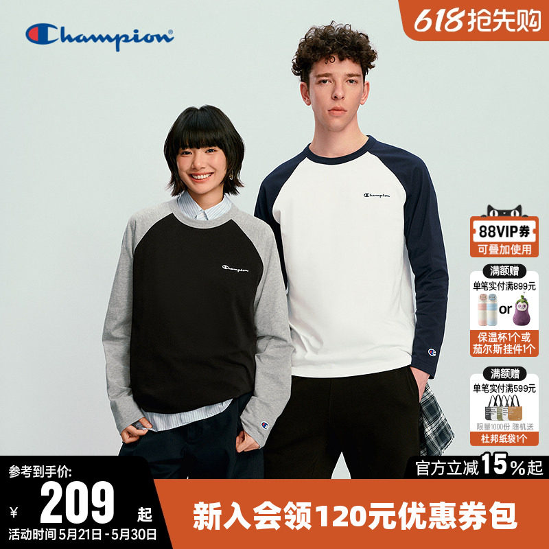 Champion冠军T恤男2026春季新款纯棉插肩袖休闲运动风长袖上衣女